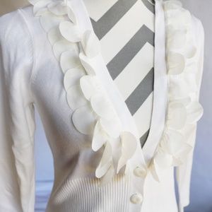 Nine West Cream Rib Knit Ruffled Front Cardigan